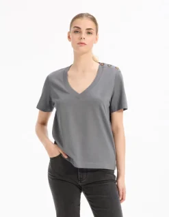 Celio t-shirt boutonné en coton doux - gris^Femme T-Shirts & Tops