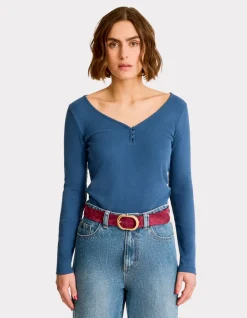 Celio T-shirt côtelé à manches longues - bleu^Femme T-Shirts & Tops