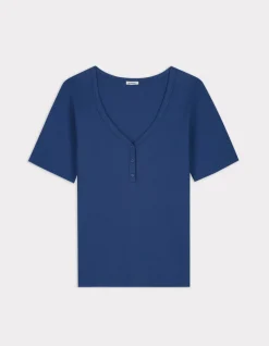Celio T-shirt côtelé col V - bleu^Femme T-Shirts & Tops