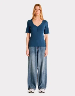 Celio T-shirt côtelé col V - bleu^Femme T-Shirts & Tops