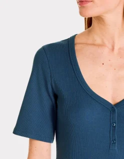 Celio T-shirt côtelé col V - bleu^Femme T-Shirts & Tops