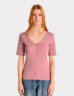 Celio T-shirt côtelé col V - rose^Femme T-Shirts & Tops