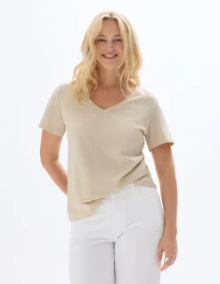 Celio T-shirt en coton biologique col V - beige^Femme T-Shirts & Tops