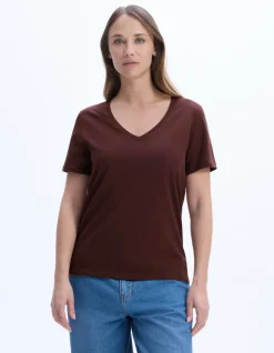 Celio T-shirt en coton biologique col V - marron^Femme Les Essentiels Aux Meilleurs Prix|T-Shirts & Tops