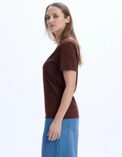 Celio T-shirt en coton biologique col V - marron^Femme Les Essentiels Aux Meilleurs Prix|T-Shirts & Tops