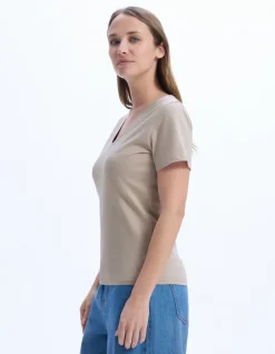 Celio T-shirt en coton biologique col V - beige^Femme Les Essentiels Aux Meilleurs Prix|T-Shirts & Tops