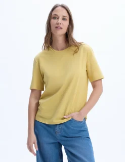 Celio T-shirt en coton biologique col rond - jaune^Femme Les Essentiels Aux Meilleurs Prix|T-Shirts & Tops