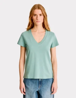 Celio T-shirt en coton doux col V - vert^Femme T-Shirts & Tops