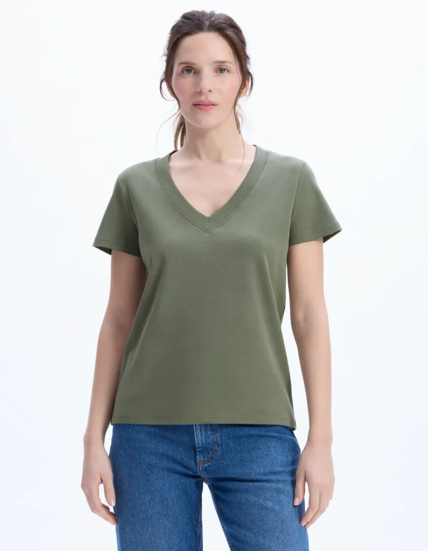 Celio T-shirt en coton doux col V - kaki^Femme Les Essentiels Aux Meilleurs Prix|T-Shirts & Tops