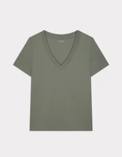 Celio T-shirt en coton doux col V - kaki^Femme Les Essentiels Aux Meilleurs Prix|T-Shirts & Tops
