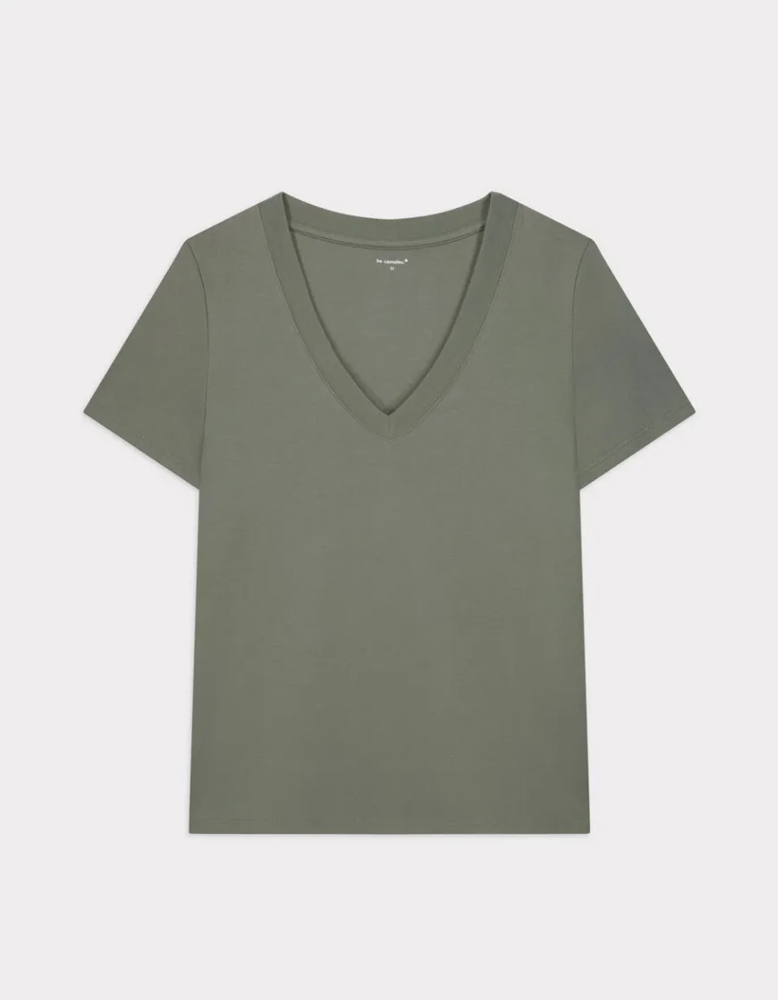Celio T-shirt en coton doux col V - kaki^Femme Les Essentiels Aux Meilleurs Prix|T-Shirts & Tops