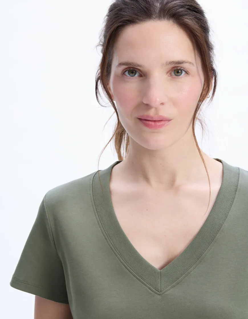 Celio T-shirt en coton doux col V - kaki^Femme Les Essentiels Aux Meilleurs Prix|T-Shirts & Tops