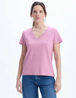 Celio T-shirt en coton doux col V - rose^Femme T-Shirts & Tops|Les Essentiels Aux Meilleurs Prix