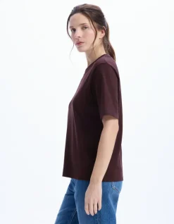 Celio T-shirt en coton doux col rond - bordeaux^Femme Les Essentiels Aux Meilleurs Prix|T-Shirts & Tops