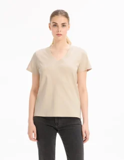 Celio T-shirt en coton doux col V - beige^Femme T-Shirts & Tops