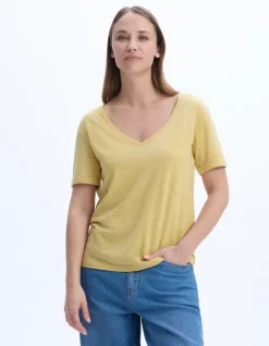 Celio T-shirt en coton flammé - jaune^Femme Les Essentiels Aux Meilleurs Prix|T-Shirts & Tops