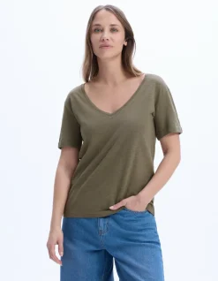 Celio T-shirt en coton flammé - kaki^Femme Les Essentiels Aux Meilleurs Prix|T-Shirts & Tops