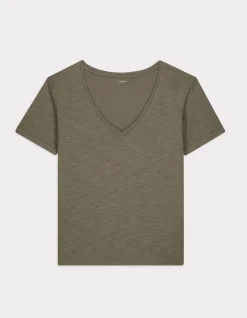 Celio T-shirt en coton flammé - kaki^Femme Les Essentiels Aux Meilleurs Prix|T-Shirts & Tops