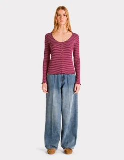 Celio T-shirt en maille côtelée rayée - rouge^Femme T-Shirts & Tops