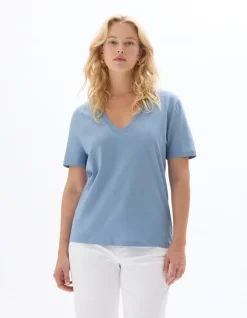 Celio T-shirt manches courtes à col v - bleu^Femme T-Shirts & Tops