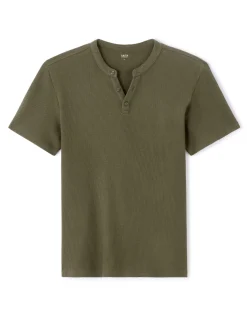 Celio T-shirt regular col Henley gaufré 100% coton - kaki^Homme T-Shirts