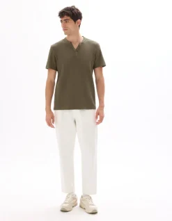 Celio T-shirt regular col Henley gaufré 100% coton - kaki^Homme T-Shirts