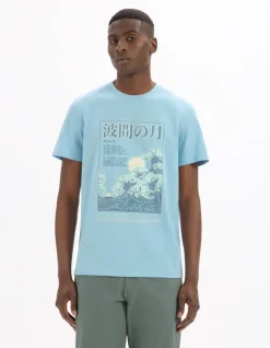 Celio T-shirt regular col rond 100% coton imprimé asie - bleu ciel^Homme T-Shirts