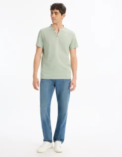 Celio T-shirt regular col tunisien coton mélangé - vert^Homme T-Shirts
