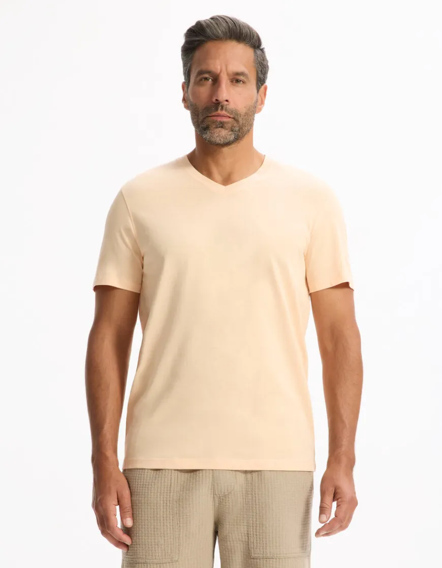 Celio T-shirt regular col v 100% coton - orange^Homme T-Shirts