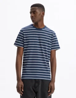 Celio T-shirt straight rayé 100% coton - marine^Homme T-Shirts